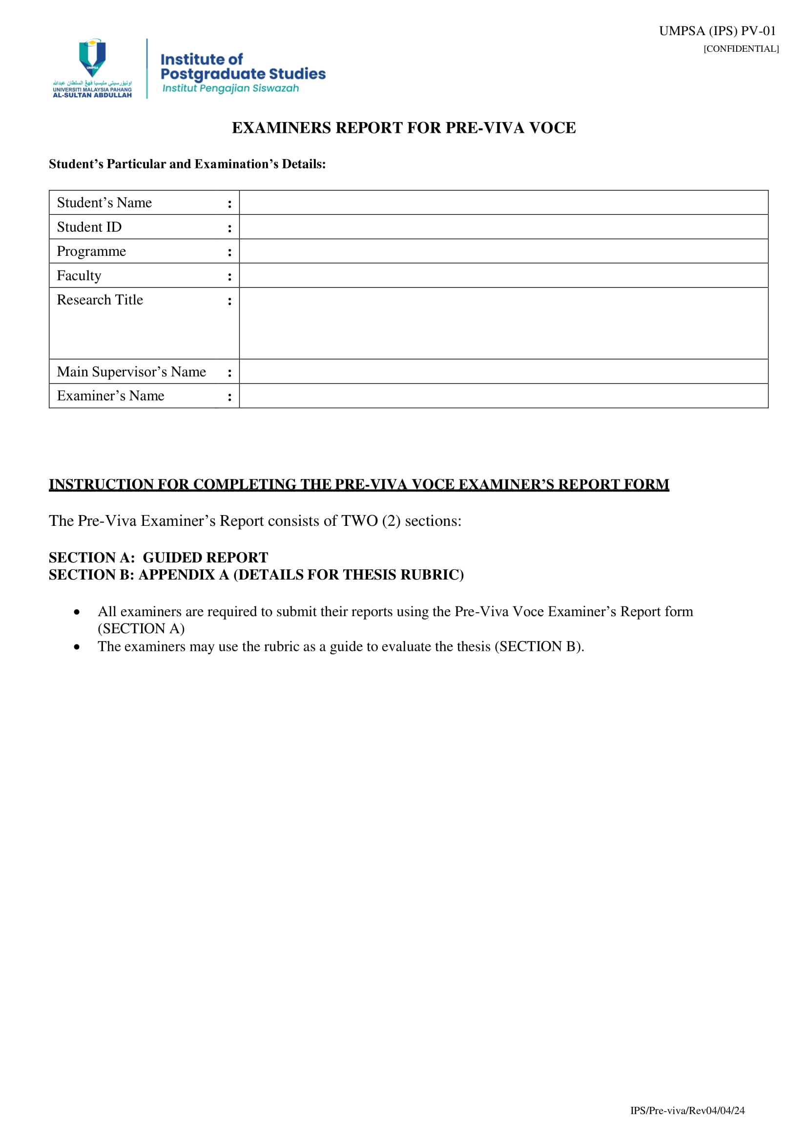 Examiners Report for Pre Viva