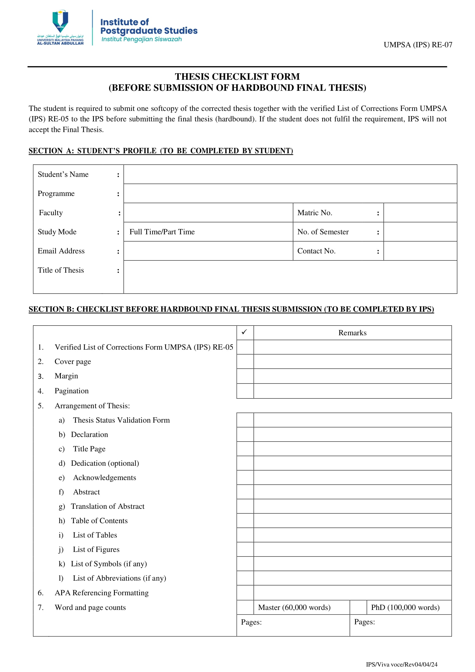 RE-07 Checklist Form for Format Checking